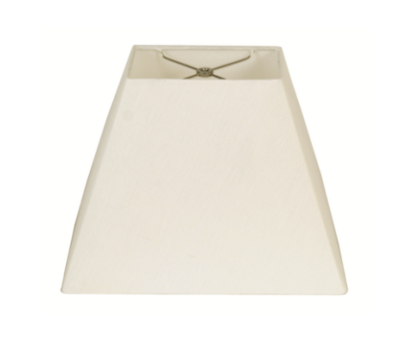 A white, basic rectangle-shaped lampshade with a hand rolled edge and a hard back.
