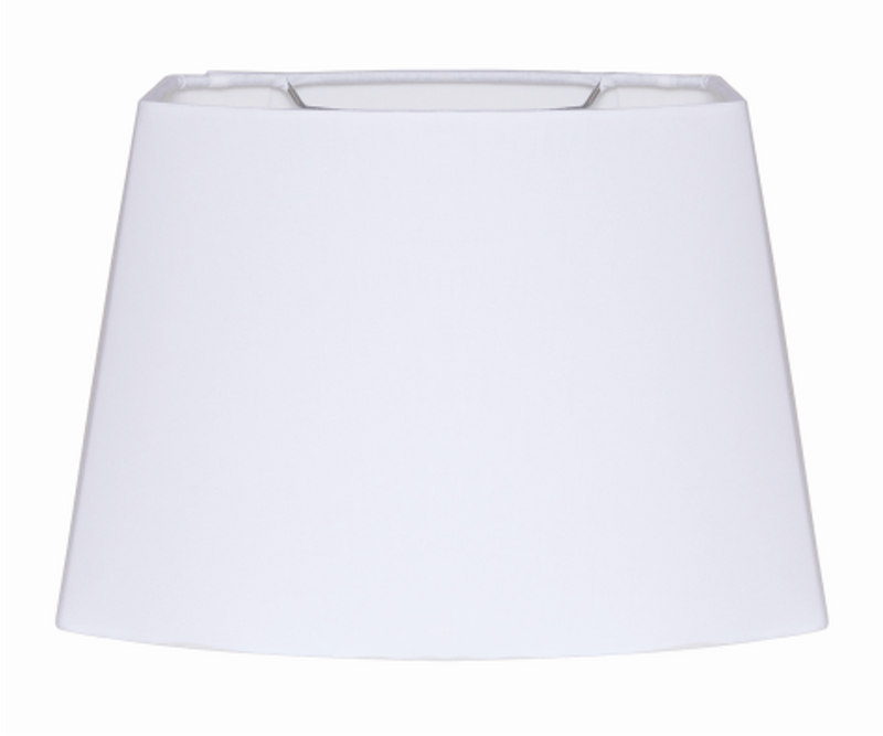 White rectangle oval lampshade with a hand rolled edge and a hard back.