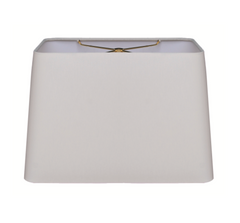 A white, rectangular lampshade with a hand rolled edge and a hard back.