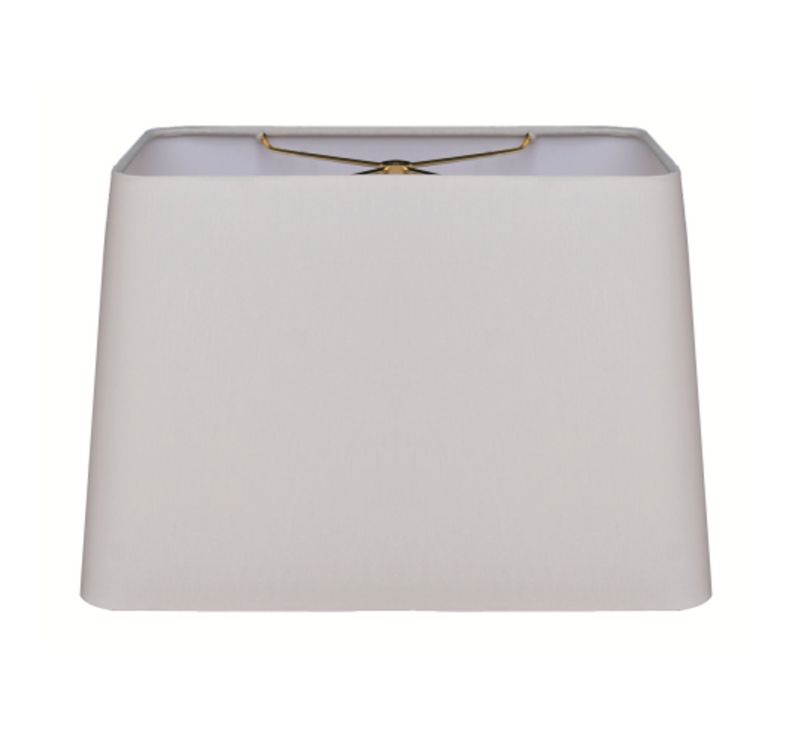 A white, rectangular lampshade with a hand rolled edge and a hard back.